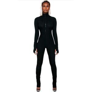 NEW High Neck Zipper Ruched Bodycon Jumpsuit Tracksuit Thumb Hole L